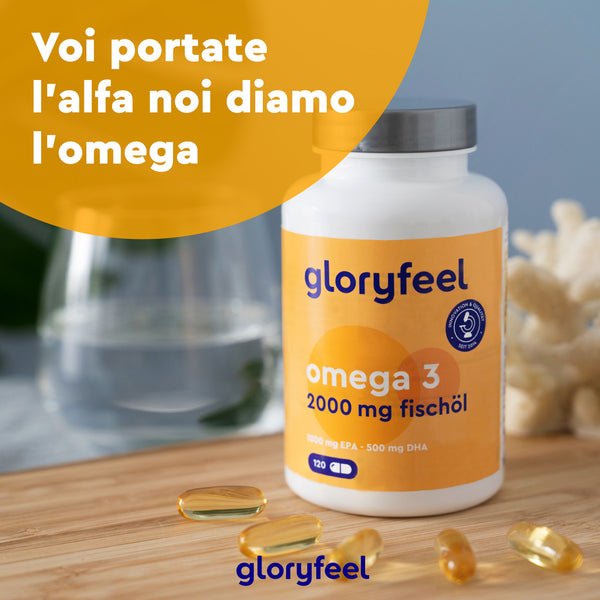 La bottiglia di olio di pesce Gloryfeel Italia Omega 3 da 2000 mg è appoggiata su un tavolo, con capsule ricche di DHA sparse lì vicino. Il testo in italiano è visualizzato su un cerchio giallo sopra.