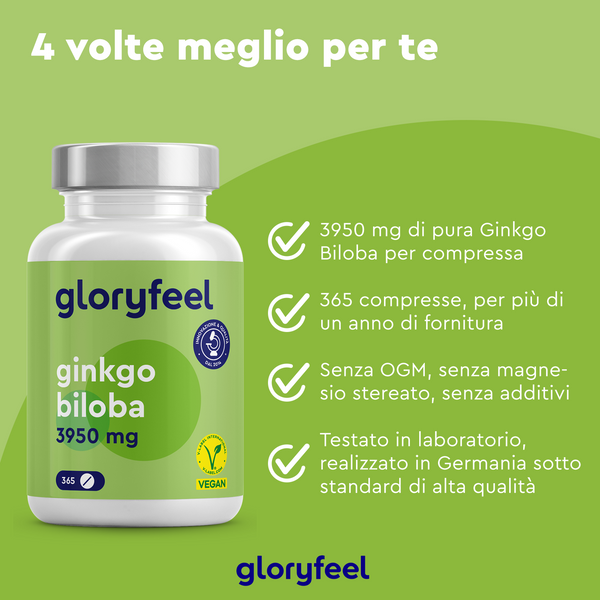 Scopri il potere della natura con il Ginkgo Biloba di GloryFeel GmbH Italy. Questo integratore naturale fornisce 365 compresse, ciascuna con 3950 mg per una migliore memoria e concentrazione. Senza OGM e testato in laboratorio, è realizzato in Germania su uno sfondo verde con segni di spunta.