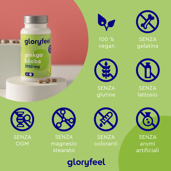 È esposta una bottiglia di Ginkgo Biloba di GloryFeel GmbH Italy, che promette memoria e concentrazione migliorate. È vegano al 100% e privo di gelatina, glutine, lattosio, OGM, stearato di magnesio, coloranti o aromi artificiali: un integratore naturale di cui ti puoi fidare.