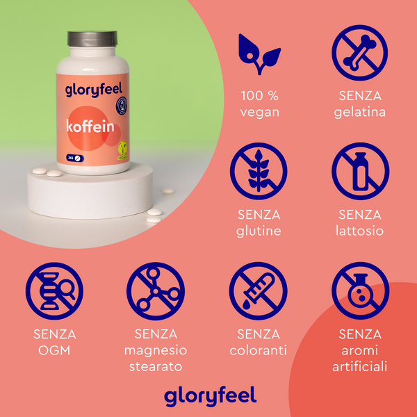Una bottiglia di "Caffeina" di gloryfeel Italia è esposta su uno stand. Le icone circostanti mostrano che è vegana e priva di gelatina, glutine, lattosio, OGM, stearato di magnesio, coloranti e aromi artificiali.