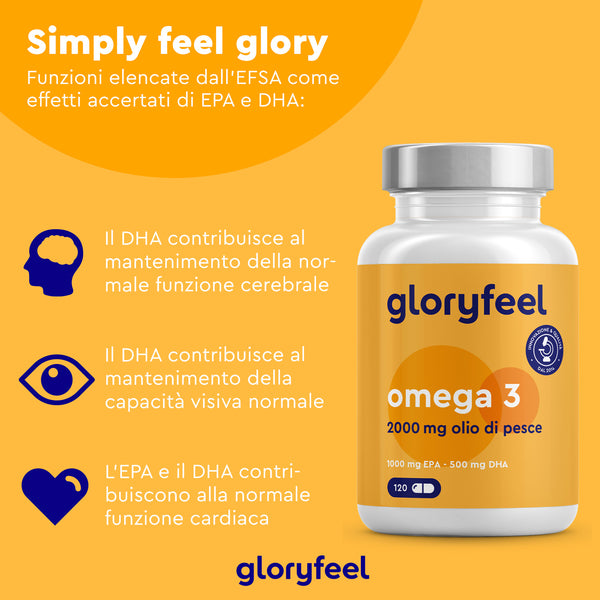 Una bottiglia di olio di pesce Omega 3 da 2000 mg con DHA ed EPA di gloryfeel Italia su sfondo arancione, che illustra i benefici del prodotto in italiano.