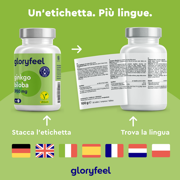 I flaconi degli integratori Ginkgo Biloba di GloryFeel GmbH Italia sono dotati di etichette staccabili con opzioni multilingue, evidenziate da bandiere, che promuovono "memoria e concentrazione" per un&