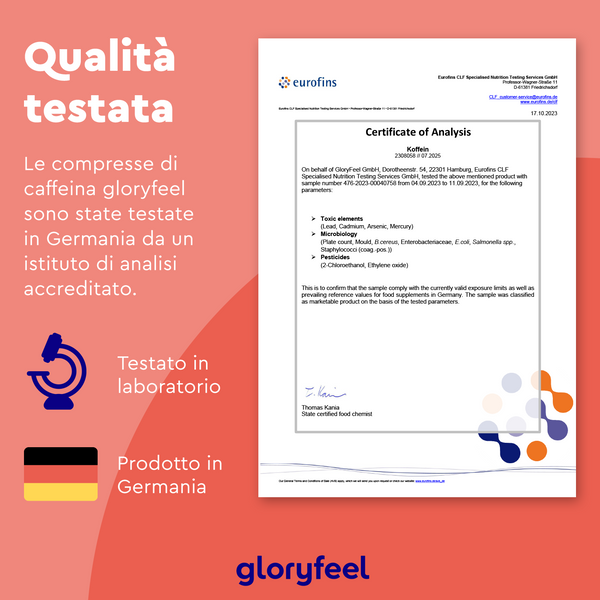 Certificato di analisi per le pillole di Caffeina di gloryfeel Italia. Presenta testo in italiano, una bandiera tedesca e uno sfondo rosso.