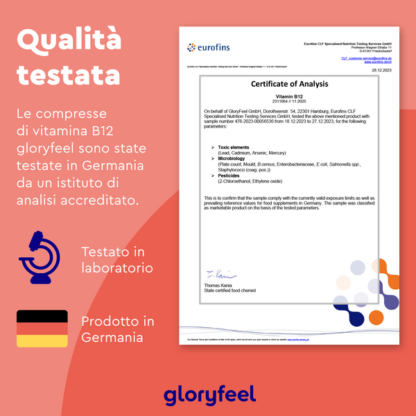 Certificato di analisi per Vitamina B12 Metilcobalamina di GloryFeel GmbH Italia, testato in Germania. I dettagli del test di laboratorio sono evidenziati su uno sfondo arancione e bianco.