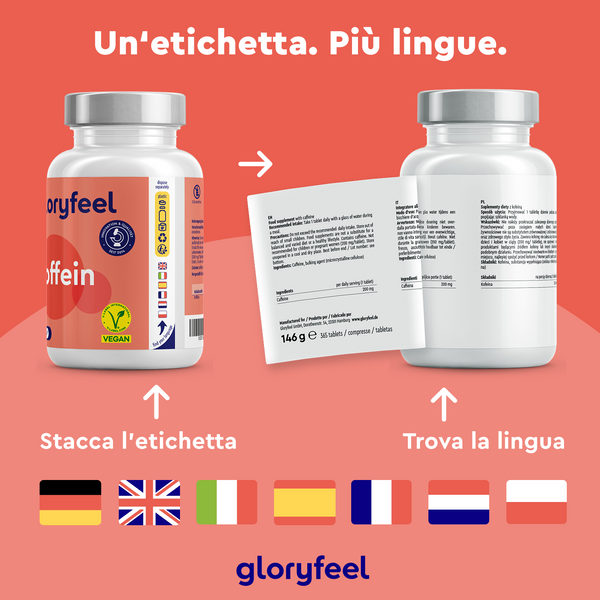 Due flaconi di integratori Caffeina di gloryfeel Italia su sfondo rosso; uno con etichetta rimovibile con opzioni di più lingue e bandiere di vari paesi. Il testo in italiano illustra le etichette multilingue e il marchio gloryfeel.