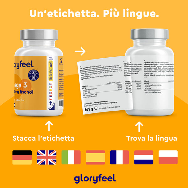 Le bottiglie di Omega 3 2000mg di gloryfeel Italia presentano etichette staccabili con testo multilingue e bandiere per un appeal globale. Arricchiti con DHA ed EPA, questi integratori sono realizzati per promuovere benefici per la salute a livello internazionale.