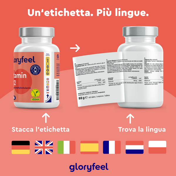 Due flaconi di Vitamina B12 Metilcobalamina di GloryFeel GmbH Italy presentano etichette in italiano, inglese, spagnolo e altro. L&
