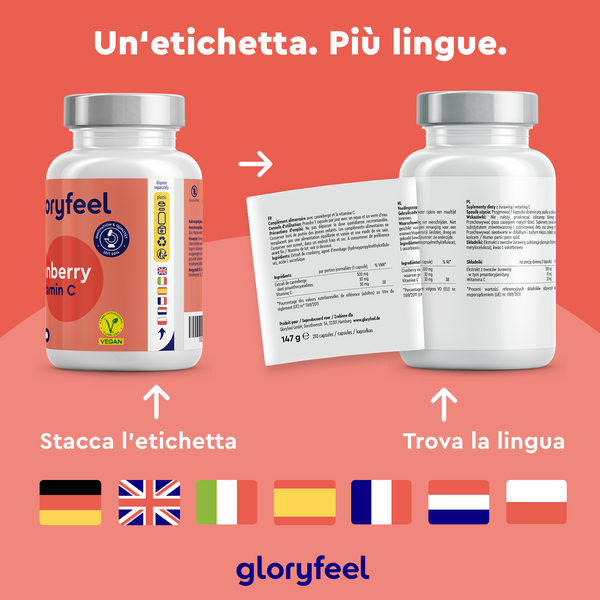 Due flaconi di integratori di Cranberry + Vitamina C di GloryFeel GmbH Italy hanno etichette staccabili con istruzioni in più lingue, tra cui italiano, tedesco e inglese. Di seguito sono visualizzate le bandiere di vari paesi. Un flacone evidenzia mirtillo rosso per vie urinarie sane.