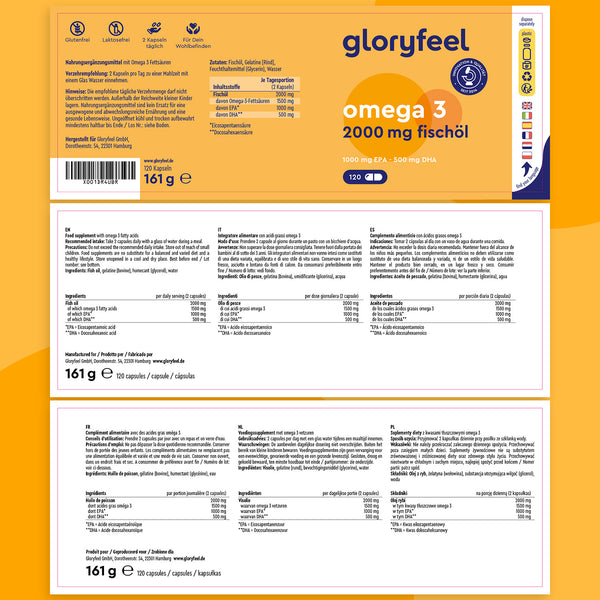 Etichetta per Omega 3 2000mg, con elevato contenuto di EPA/DHA a 2000 mg per capsula. Questa bottiglia gloryfeel Italia confezionata in modo esperto contiene 120 capsule, con informazioni nutrizionali, ingredienti e istruzioni incluse.
