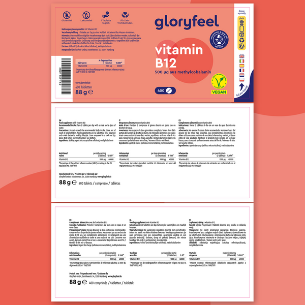 Vitamina B12 Metilcobalamina di GloryFeel GmbH Italia: 400 compresse certificate vegane, ciascuna con 500 µg di metilcobalamina. Etichette dettagliate in più lingue.
