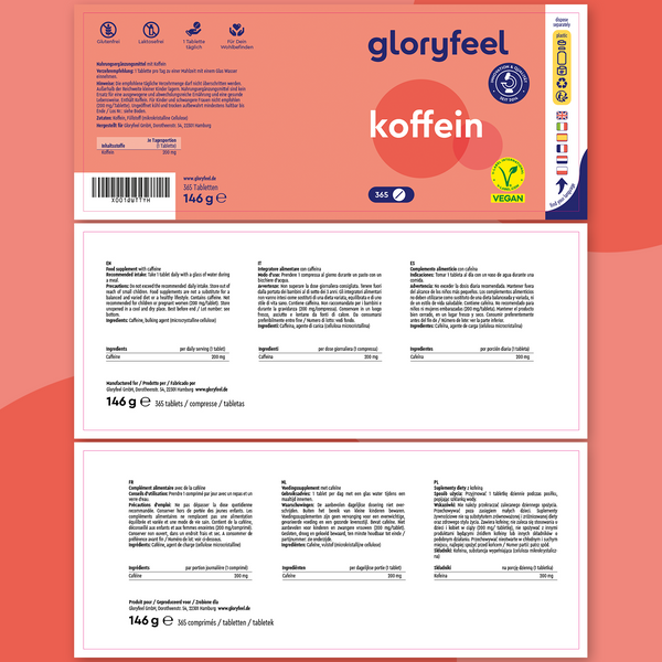 Il packaging di Caffeina, realizzato da gloryfeel Italia, evidenzia i dettagli del prodotto, le informazioni nutrizionali e la certificazione vegana.