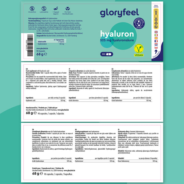 Immagine della confezione di Acido ialuronico in capsule da 525 mg, 90 unità di GloryFeel GmbH Italy. I punti salienti includono informazioni nutrizionali chiare e certificazione vegana con ingredienti elencati. Il design verde e bianco presenta icone e testo multilingue che descrivono in dettaglio vantaggi e caratteristiche uniche.