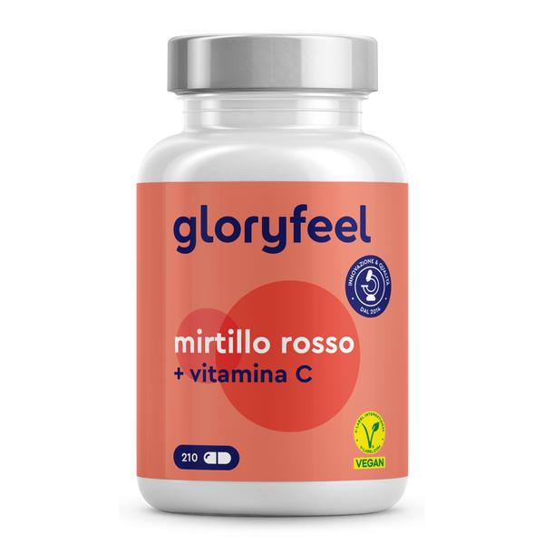 Una bottiglia certificata vegana di GloryFeel GmbH Italia etichettata "Cranberry + Vitamina C" supporta le vie urinarie con 210 capsule per migliorare naturalmente il tuo regime di benessere.
