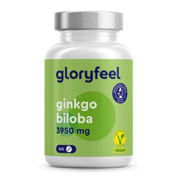 GloryFeel GmbH Italy Ginkgo Biloba offre 3950 mg per dose con 365 capsule senza glutine, senza OGM e vegane. Ideale per aumentare memoria e concentrazione, questo integratore naturale è verificato da un logo sulla sua etichetta.