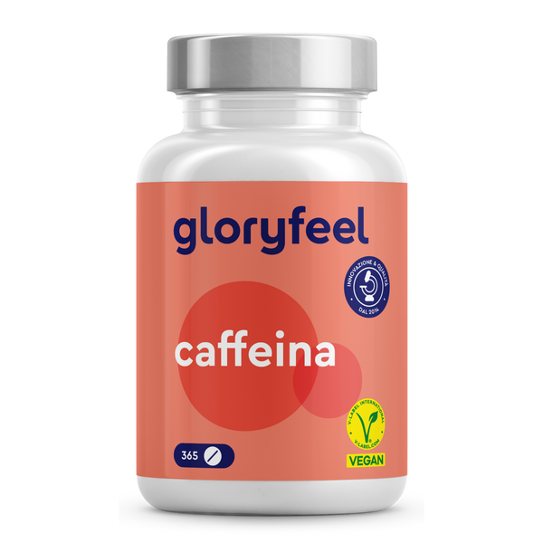Una bottiglia di compresse di Caffeina di gloryfeel Italia, con etichetta rossa e simbolo di certificazione vegana.