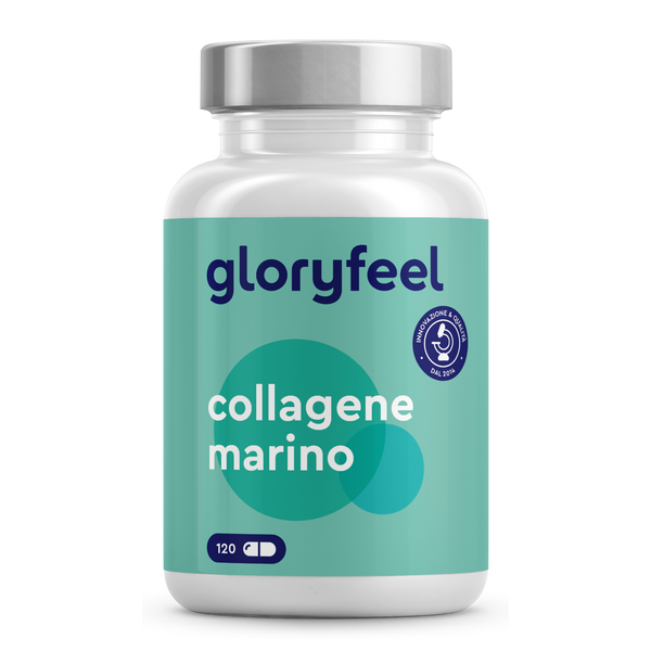 Un barattolo di Collagene Marino di GloryFeel GmbH Italia, contenente 120 capsule di integratore di collagene marino, è elegantemente esposto su uno sfondo bianco.