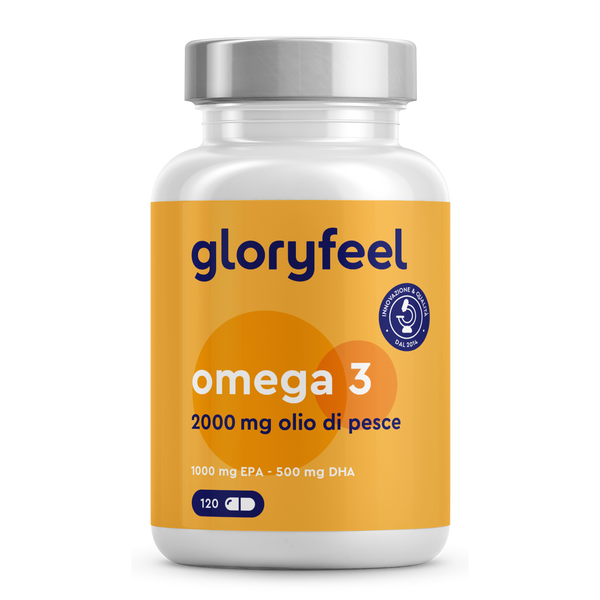 Scopri i benefici delle capsule di olio di pesce Omega 3 2000mg di gloryfeel Italia. Ogni flacone contiene 120 capsule con DHA ed EPA per migliorare il tuo percorso di benessere.