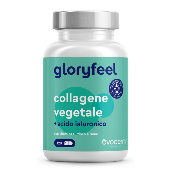 Flacone di "Collagene Veggie" di GloryFeel GmbH Italia, contenente collagene vegetale, acido ialuronico, vitamina C, zinco e rame. Contiene 120 capsule in un&