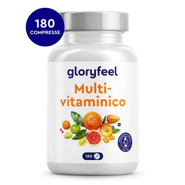 Una bottiglia del prodotto "Multivitaminico in 180 compresse" di GloryFeel GmbH Italia presenta vivaci immagini di frutta sulla parte anteriore, con la scritta "180 compresse" allineata in alto a sinistra, trasmettendo un&
