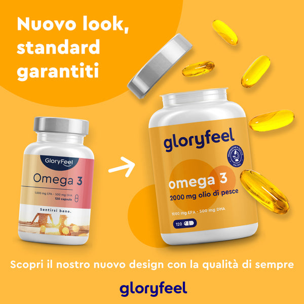 Due flaconi di integratori Omega 3 riprogettati da gloryfeel Italia: il flacone più piccolo a sinistra e quello più grande a destra, disseminati di capsule, vantano un alto contenuto di EPA e DHA. Il testo in italiano evidenzia il loro nuovo aspetto. Prodotto: Omega 3 2000mg.