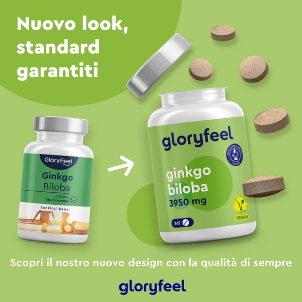 Due flaconi di integratori Ginkgo Biloba di GloryFeel GmbH Italy presentano un nuovo design di confezionamento. Le compresse sono sparse per evidenziare il loro aspetto integratore naturale, con testo in italiano che assicura che l&