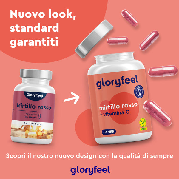 Due flaconi di capsule di vitamina Cranberry + Vitamina C di GloryFeel GmbH Italy presentano design distinti, evidenziando un nuovo look con qualità costante. Espongono in modo evidente capsule vegan-friendly arricchite con vitamina C per supportare la salute urinaria.