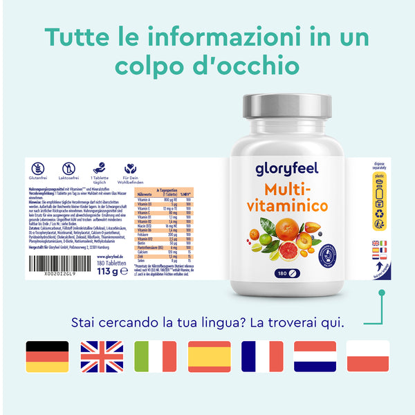 Una bottiglia di "Multivitaminico in 180 compresse" di GloryFeel GmbH Italia presenta etichette eleganti con bandierine e informazioni nutrizionali per una rapida comprensione, con testo in italiano che fornisce i benefici dettagliati a colpo d&