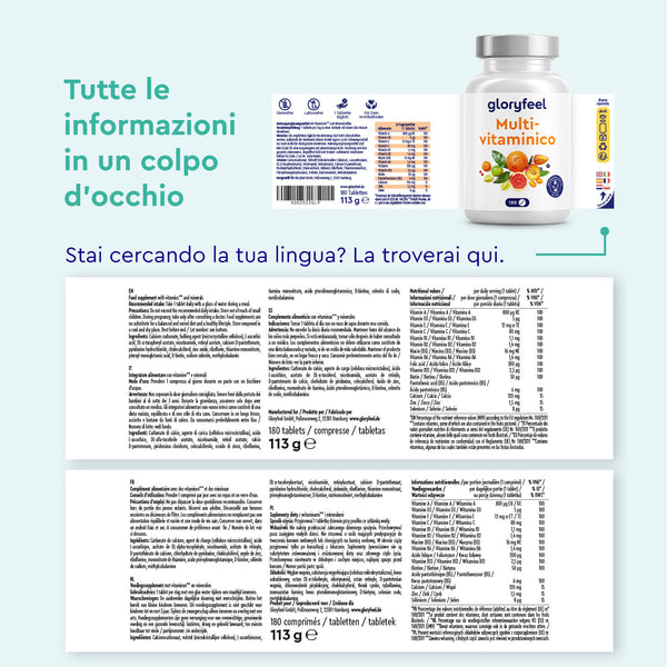 Su uno sfondo azzurro, il "Multivitaminico in 180 compresse" di GloryFeel GmbH Italy presenta informazioni nutrizionali dettagliate e istruzioni multilingue. Dettagli più specifici sul prodotto aumentano la rilevanza e la frequenza SEO.