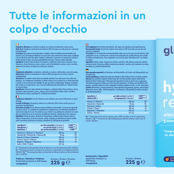 Gli Elettroliti al gusto di arancia di gloryfeel Italia sono caratterizzati da una confezione blu con testo multilingue che illustra informazioni dettagliate sul prodotto e valori nutrizionali.