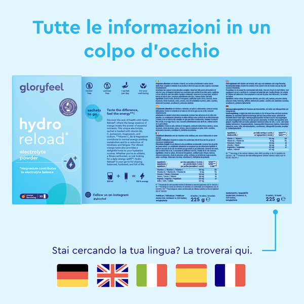 La confezione degli Elettroliti al gusto arancia di gloryfeel Italia presenta un testo multilingue in inglese, spagnolo, francese, italiano e tedesco su uno sfondo blu con le bandiere nazionali nella parte inferiore.