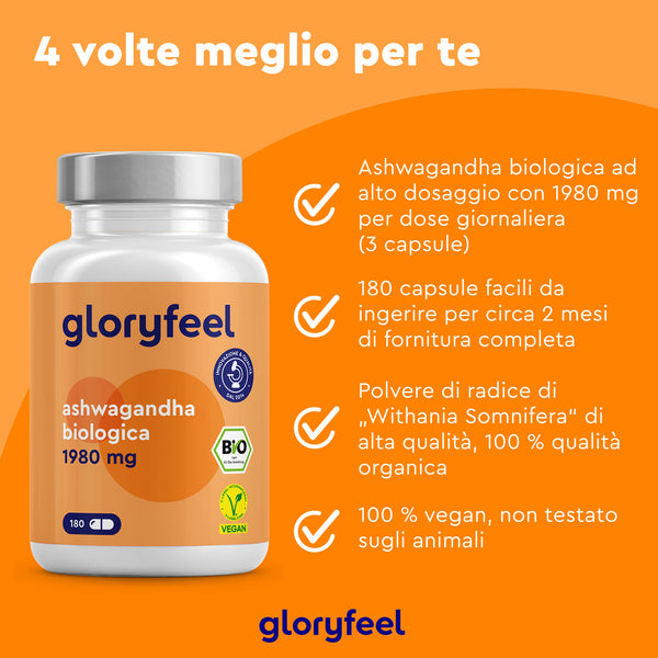 Il Bio Ashwagandha di GloryFeel GmbH Italia offre 1980 mg di Withania somnifera per porzione. Contiene ingredienti biologici, vegani e non testati sugli animali in una confezione da 180 capsule. Il testo in italiano evidenzia i suoi benefici adattogeni e le istruzioni su uno sfondo arancione.