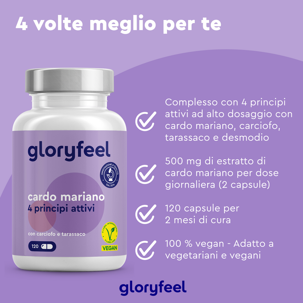 La vivace bottiglia &quot;Cardo Mariano&quot; di GloryFeel GmbH Italy contiene 120 capsule vegane, con cardo mariano e carciofo. Ideale per i vegetariani che cercano un benessere a base vegetale, unisce efficacia a un design sorprendente.