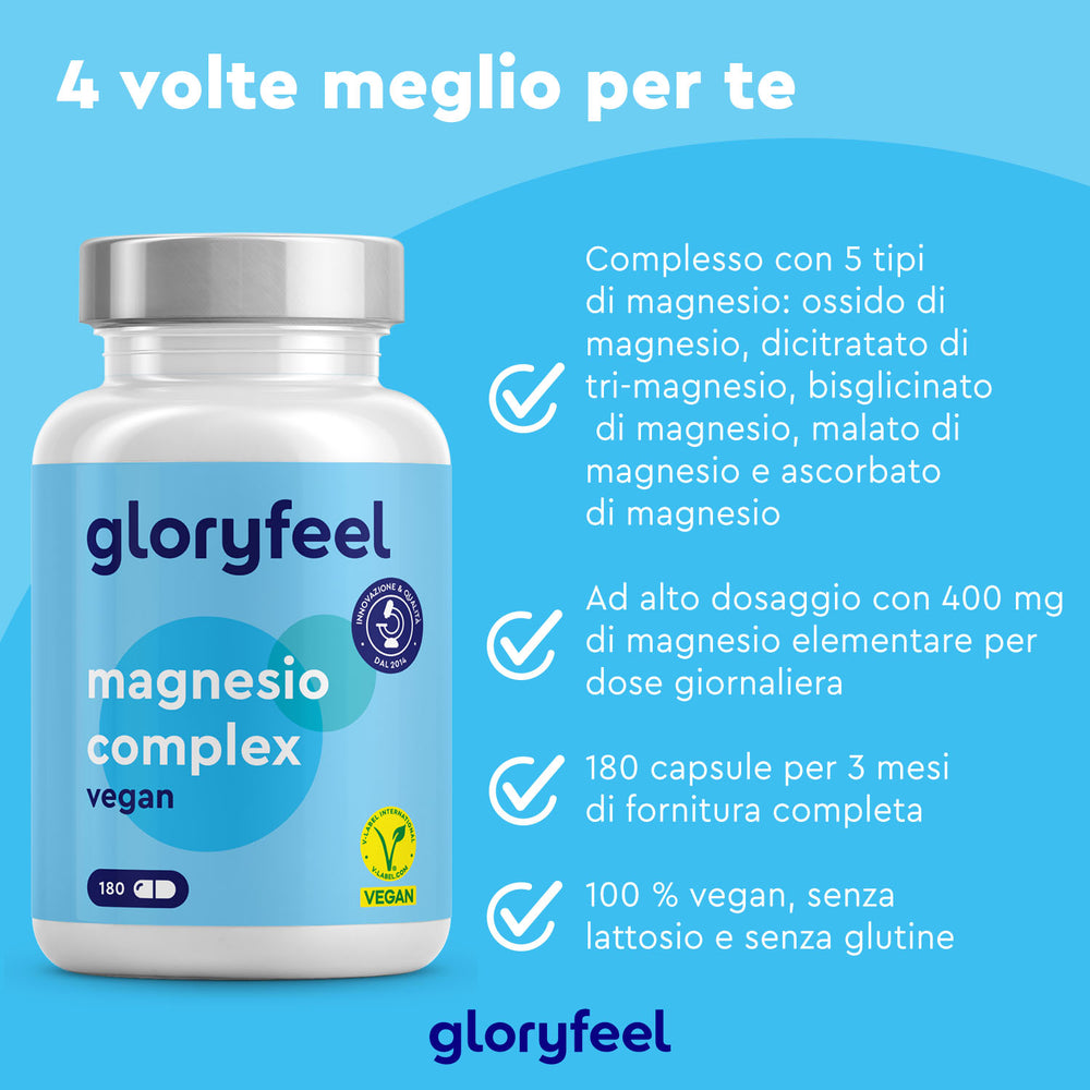 Viene mostrato un flacone di gloryfeel Italia Magnesio Complex con accanto le caratteristiche principali, che evidenziano il dosaggio, gli ingredienti, il numero di capsule e la certificazione vegana.