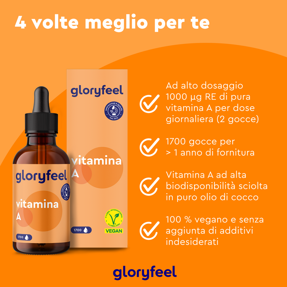 GloryFeel GmbH Italy Vitamina A in Gocce presenta una confezione arancione e viola, offrendo una formulazione vegana di retinolo ad alto dosaggio con 1700 gocce per flacone. Arricchita con olio di cocco senza additivi, si rivolge ai consumatori di lingua italiana.