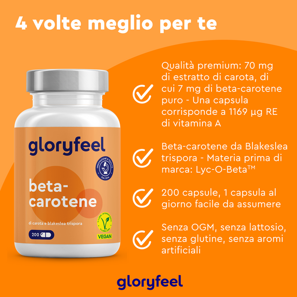 Una bottiglia arancione di Beta Carotene di GloryFeel GmbH Italia mette in risalto la qualità premium e le caratteristiche vegane, con dosaggio e benefici in italiano per una guida completa.