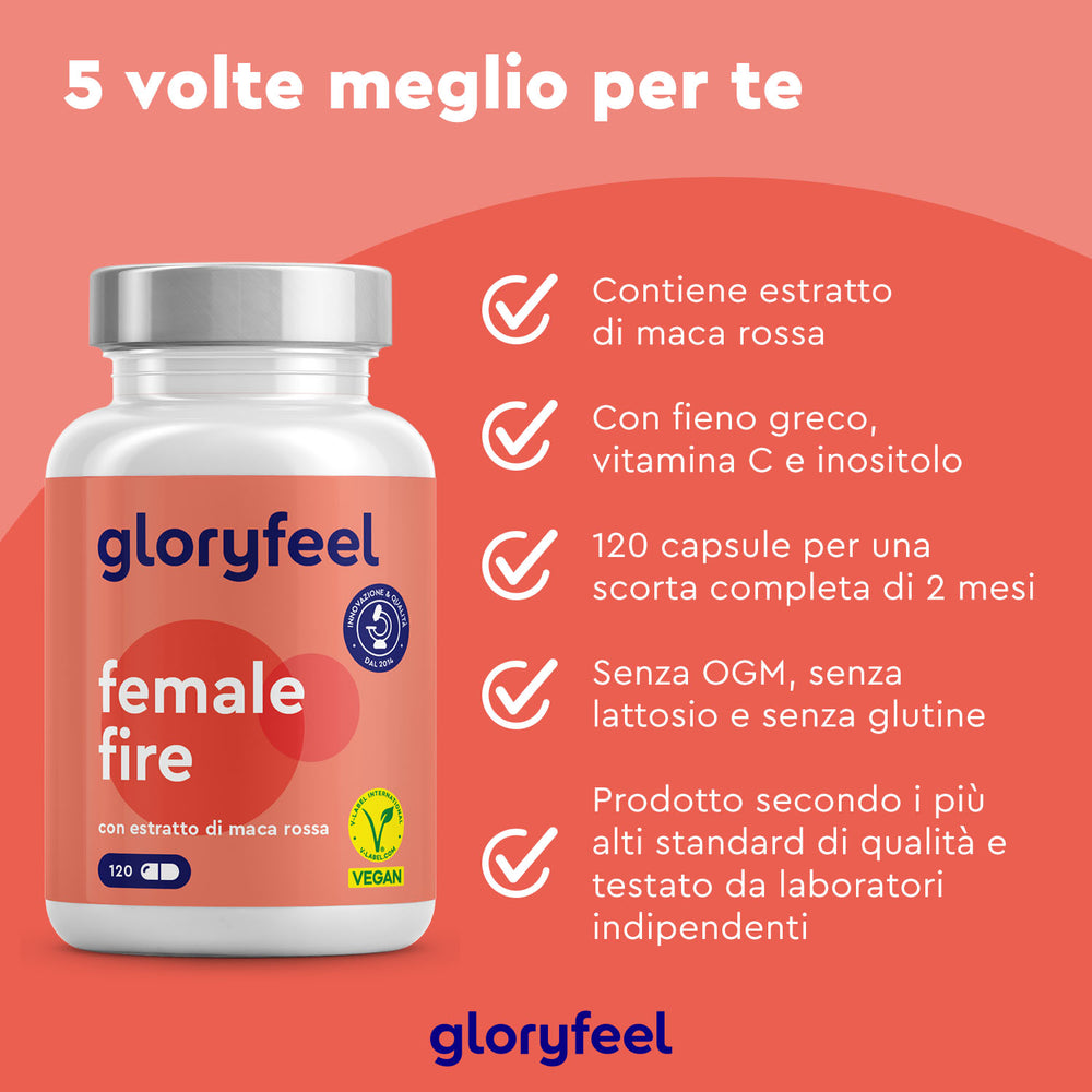 Una bottiglia di Maca Rossa in capsule Female Fire di GloryFeel GmbH Italia è adagiata su uno sfondo corallo, elencando i benefici: estratto di maca, fieno greco, vitamine, 120 capsule, non OGM, senza lattosio/glutine, testato in laboratorio.