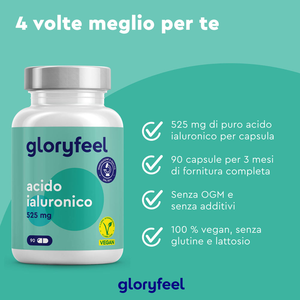Acido ialuronico in capsule&quot; di GloryFeel GmbH Italy fornisce 525 mg per capsula, con benefici non OGM, senza additivi, vegani, senza glutine e senza lattosio. Il prodotto include 90 capsule per una fornitura di tre mesi per supportare il benessere in modo naturale.