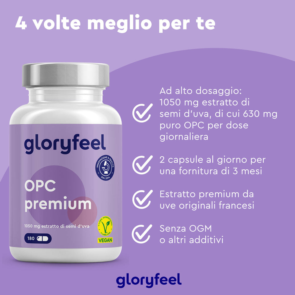 Immagine di un flacone di integratore alimentare da 180 capsule OPC Premium di GloryFeel GmbH Italy che mette in risalto l&