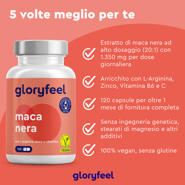 Bottiglia di &quot;Maca Nera Peruviana&quot; di GloryFeel GmbH Italia, un integratore vegano e senza glutine, con estratto di radice di maca e vitamina. Prodotto non OGM per un approccio naturale al benessere.