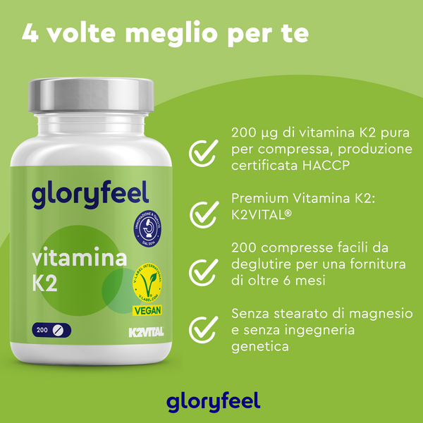 Vitamina K2 di gloryfeel Italia è caratterizzata da elevata purezza, produzione certificata ed è vegan-friendly. Con 200 compresse facili da deglutire, è priva di stearato di magnesio e non OGM, il che la rende una scelta ideale per integratori di qualità.