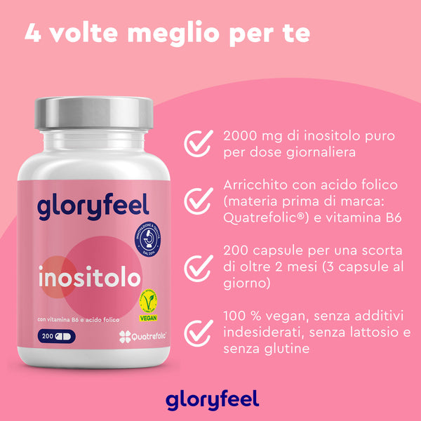 Uno sfondo rosa mostra una bottiglia di integratore di inositolo &quot;gloryfeel Italia&quot;, contenente 2000 mg di inositolo, acido folico, vitamina B6. Contiene 200 capsule ed è 100% vegano, senza additivi e senza glutine.
