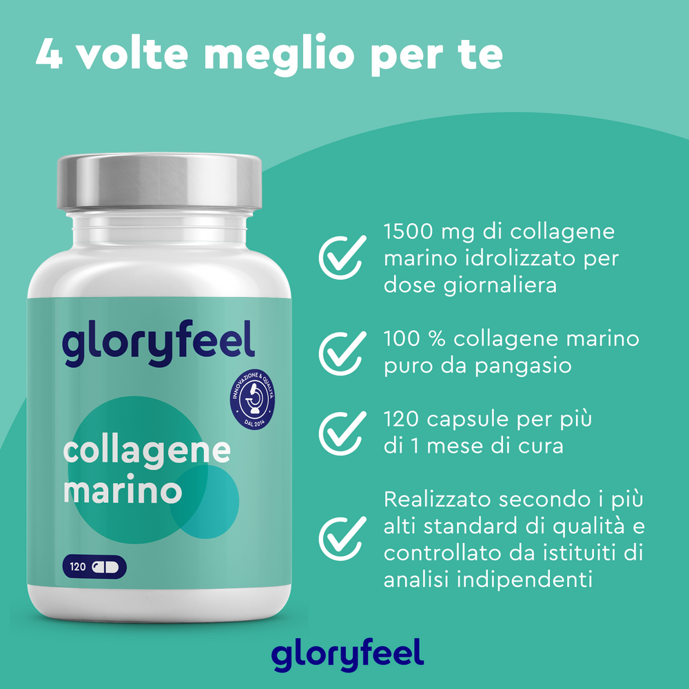 Prova i benefici di Collagene Marino di GloryFeel GmbH Italia, con 1500 mg per dose dalla sua formula di integratore di collagene puro al 100%. Goditi una fornitura di un mese con 120 capsule, tutte realizzate secondo standard di alta qualità. Scopri la sua potenza oggi stesso!.
