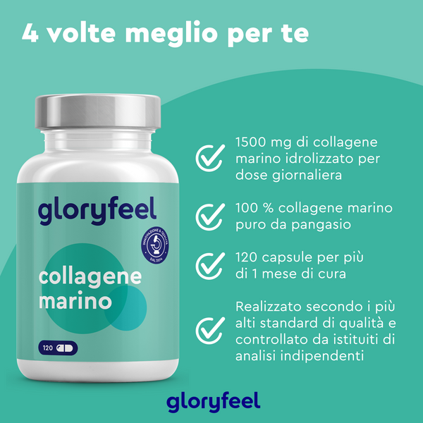 Prova i benefici di Collagene Marino di GloryFeel GmbH Italia, con 1500 mg per dose dalla sua formula di integratore di collagene puro al 100%. Goditi una fornitura di un mese con 120 capsule, tutte realizzate secondo standard di alta qualità. Scopri la sua potenza oggi stesso!.