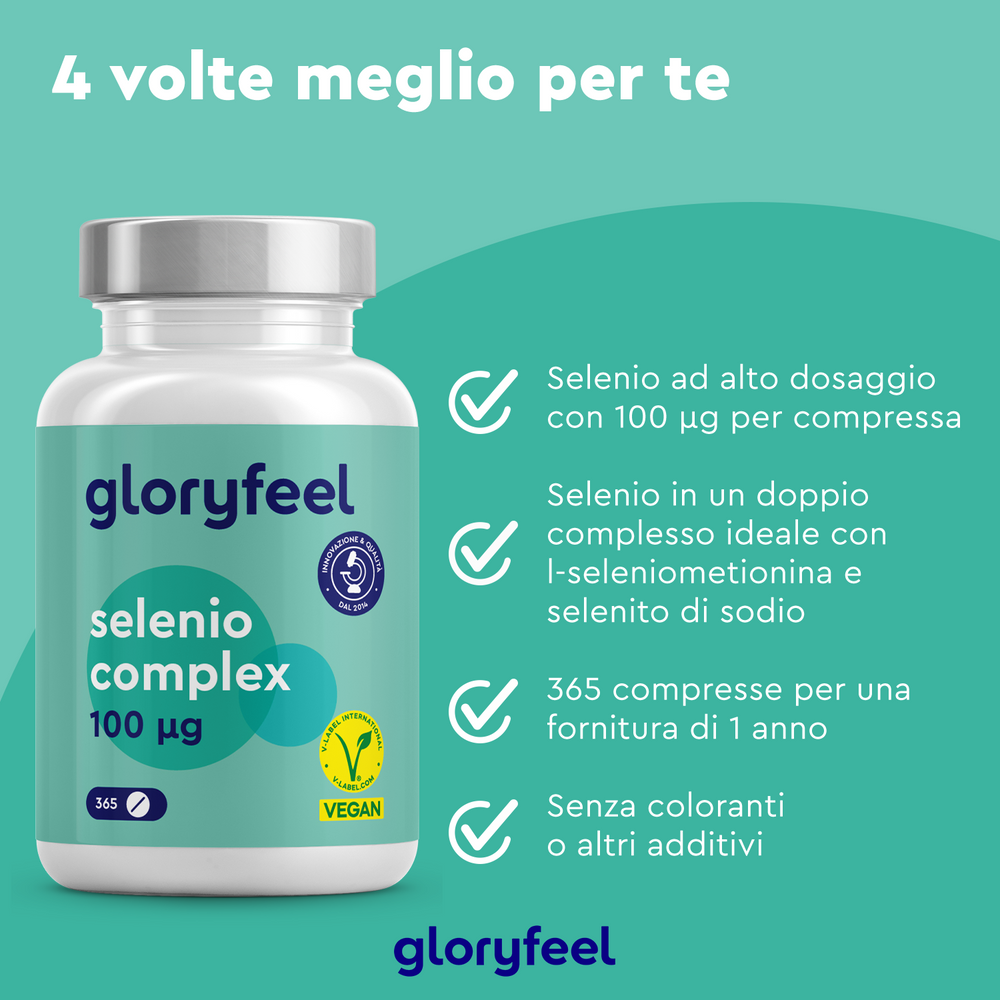 Flacone di Selenio Complex di GloryFeel GmbH Italy in compresse con etichetta vegana. Questo integratore offre selenio ad alto dosaggio, inclusa la selenometionina per un migliore assorbimento. Fornisce una fornitura per un anno senza coloranti o additivi.