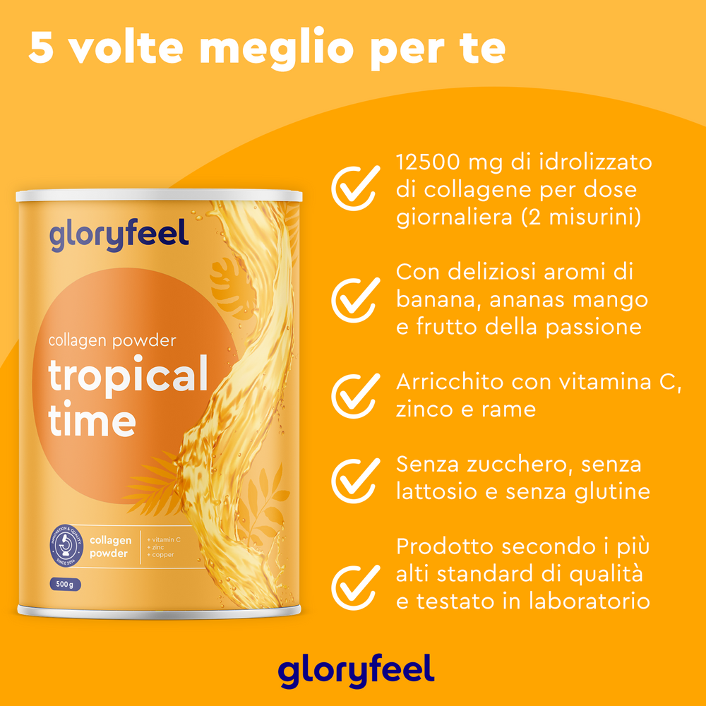 Etichetta arancione per &quot;Collagene in polvere - Tropical Time&quot; di gloryfeel Italia: contiene vitamine, niente zucchero, qualità testata in laboratorio e sapore di frutto della passione.