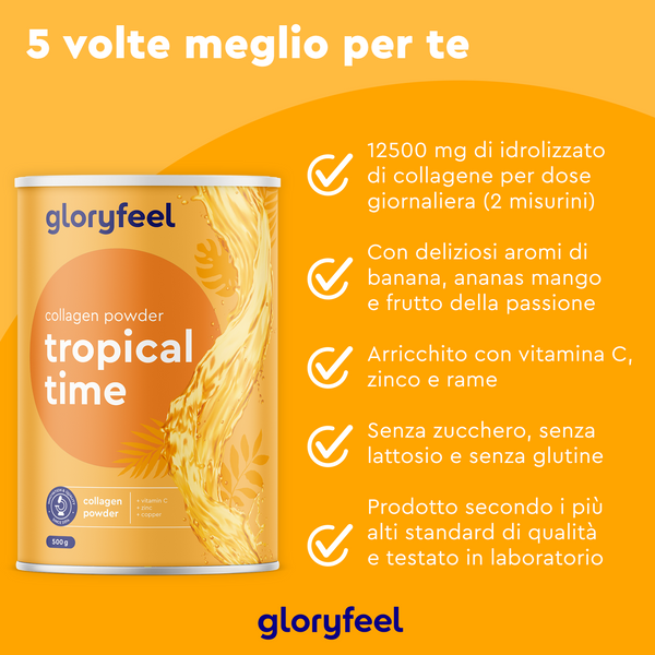 Etichetta arancione per &quot;Collagene in polvere - Tropical Time&quot; di gloryfeel Italia: contiene vitamine, niente zucchero, qualità testata in laboratorio e sapore di frutto della passione.