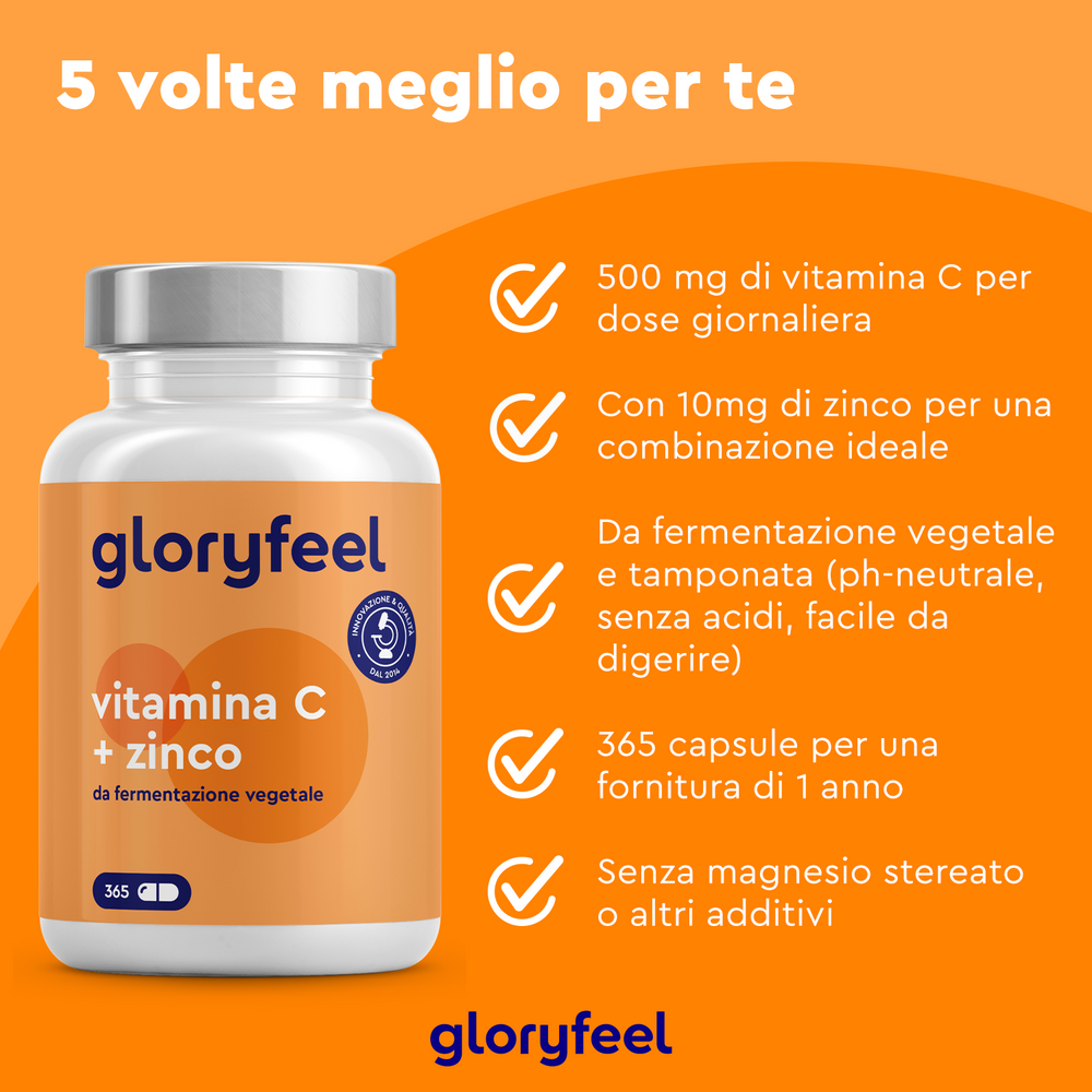 Una bottiglia arancione di integratori Vitamina C + zinco di GloryFeel GmbH Italy presenta dei segni di spunta che elencano i benefici in italiano, come il potenziamento delle difese immunitarie, il dosaggio corretto e l&