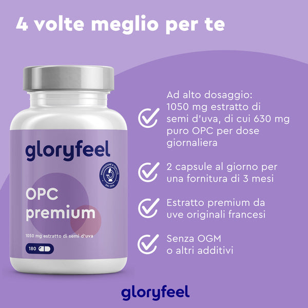 Un flacone di OPC Premium 180 capsule di GloryFeel GmbH Italia viene mostrato su uno sfondo viola, evidenziando il dosaggio, la dose giornaliera, gli antiossidanti dell&