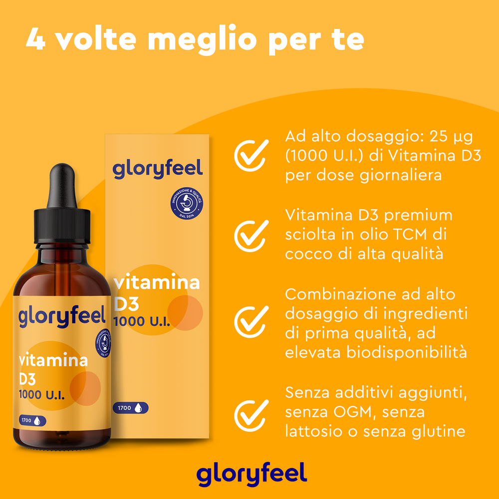Vitamina D3 in Gocce di Gloryfeel Italia, integratore alimentare in bottiglia e scatola, offre alto dosaggio con olio MCT premium, migliorata biodisponibilità e assenza di zuccheri aggiunti, OGM, lattosio e glutine. Ideale per una dieta equilibrata approvata dal Ministero della Salute.