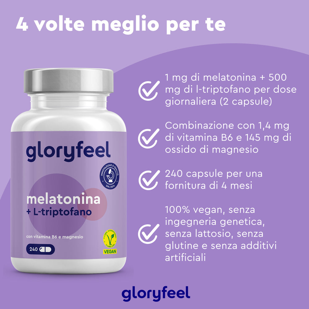 Una bottiglia di integratore del sonno &quot;Melatonina + L-triptofano&quot; di GloryFeel GmbH Italia, con dettagliati benefici e caratteristiche del prodotto in italiano.